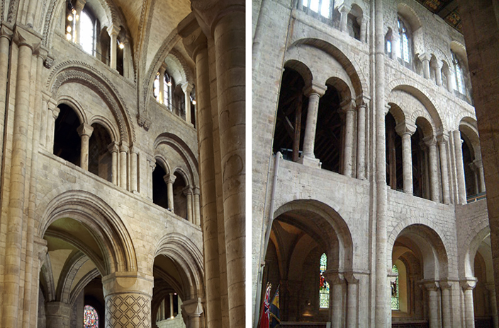 Interior views of the cathedral of Durham (left) and Winchester (right). Although Winchester is slightly simpler, the similarilities between the two buildings is remarkable.